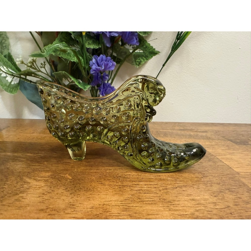 Vintage‎ Fenton Green Glass Hobnail Boot Shoe Collectible Decorative Glassware